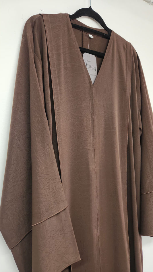A38 elegant abaya burkha in brown with front button and slit design, perfect for modest women’s fashion in NZ, Australia & Fiji.