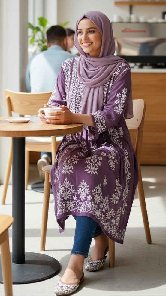Woman in a purple dress and hijab sitting at a table in a cafe.. Shop the world’s first best collection of elegant kurtis, beautiful maxi dresses, and premium cordsets—affordable, stylish, and crafted for boutique lovers in Auckland, New Zealand, and Australia. Premium quality meets cheap prices in fashion that’s both modest and stunning.