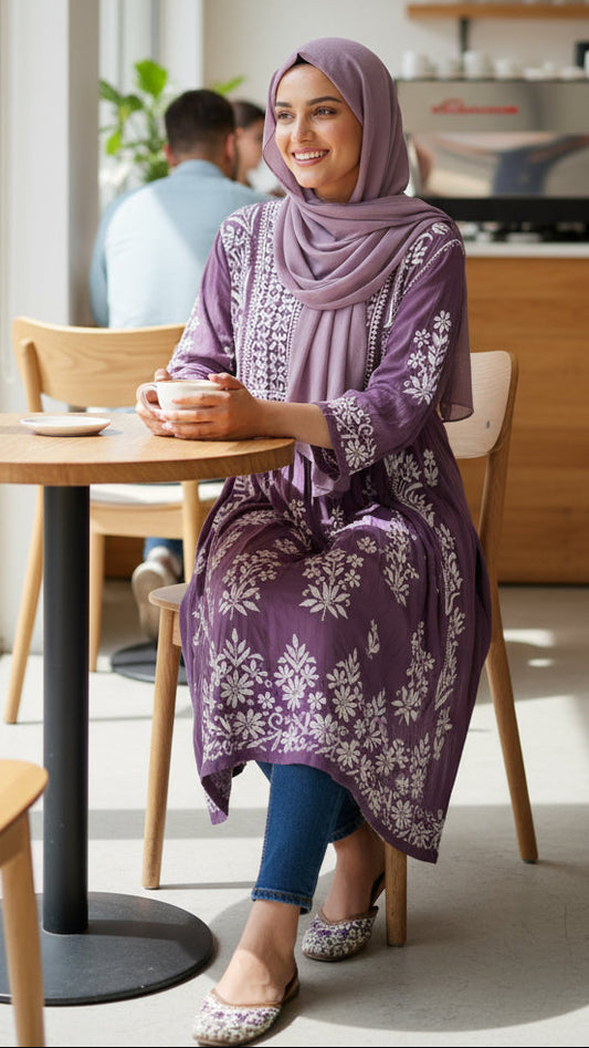 Woman in a purple dress and hijab sitting at a table in a cafe.. Shop the world’s first best collection of elegant kurtis, beautiful maxi dresses, and premium cordsets—affordable, stylish, and crafted for boutique lovers in Auckland, New Zealand, and Australia. Premium quality meets cheap prices in fashion that’s both modest and stunning.
