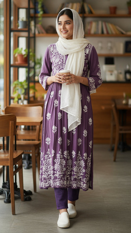 Woman in a purple traditional outfit standing in a cozy cafe.. Shop the world’s first best collection of elegant kurtis, beautiful maxi dresses, and premium cordsets—affordable, stylish, and crafted for boutique lovers in Auckland, New Zealand, and Australia. Premium quality meets cheap prices in fashion that’s both modest and stunning.