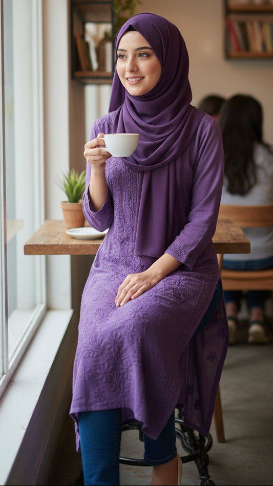 Woman in a purple hijab and dress sitting by a window in a cafe, holding a cup.. Shop the world’s first best collection of elegant kurtis, beautiful maxi dresses, and premium cordsets—affordable, stylish, and crafted for boutique lovers in Auckland, New Zealand, and Australia. Premium quality meets cheap prices in fashion that’s both modest and stunning.
