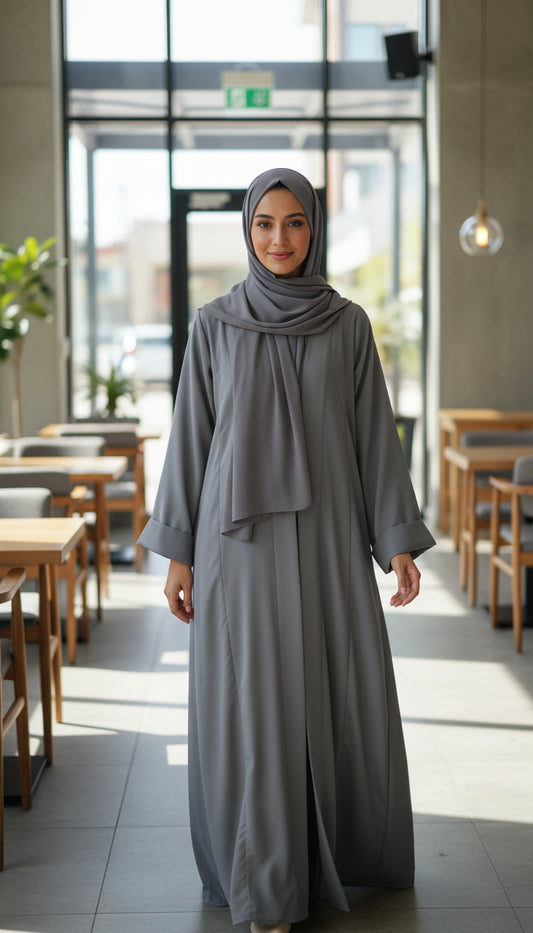 AA3. Elegant abaya burkha in grey with matching scarf - modest women’s fashion for NZ, Australia & Fiji.