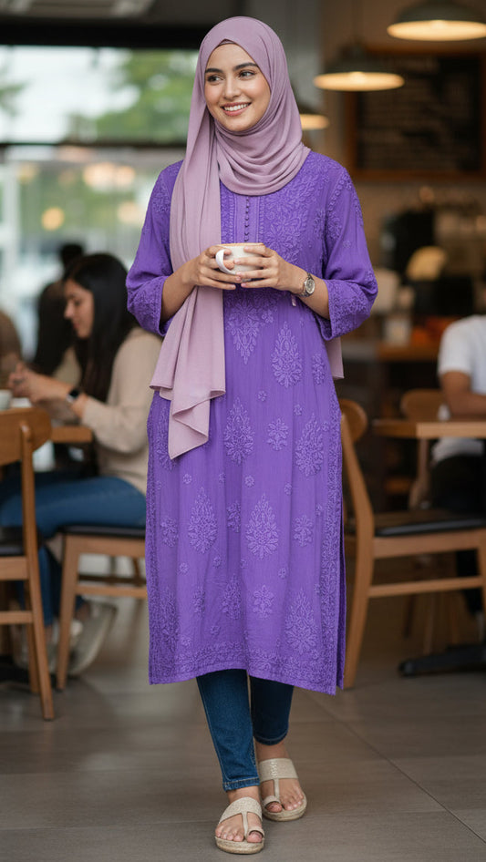Woman in a purple outfit with a pink hijab standing in a cafe.. Shop the world’s first best collection of elegant kurtis, beautiful maxi dresses, and premium cordsets—affordable, stylish, and crafted for boutique lovers in Auckland, New Zealand, and Australia. Premium quality meets cheap prices in fashion that’s both modest and stunning.