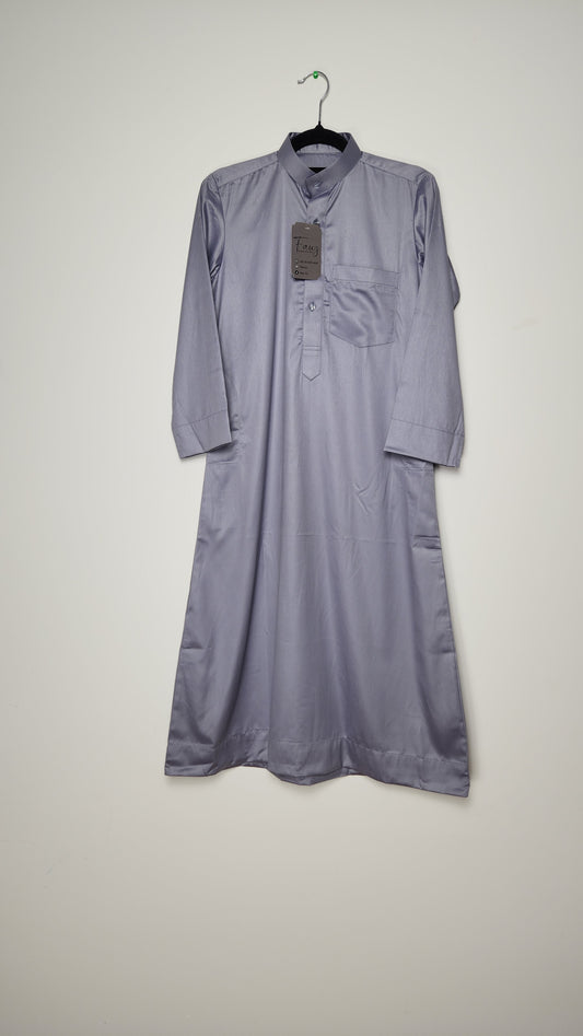 Folded gray jacket on a white background. Fauz Closet thobe collection—premium Islamic wear for men, kids, and teenagers across New Zealand, Australia, and the Middle East.