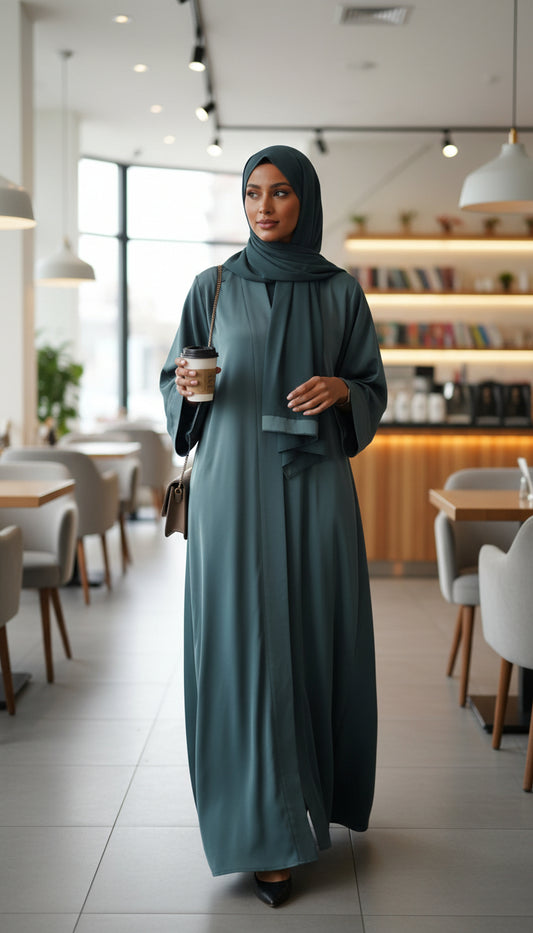 Model wearing AA2 elegant abaya burkha in pine green fabric, showcasing modest women’s fashion in a café setting.
