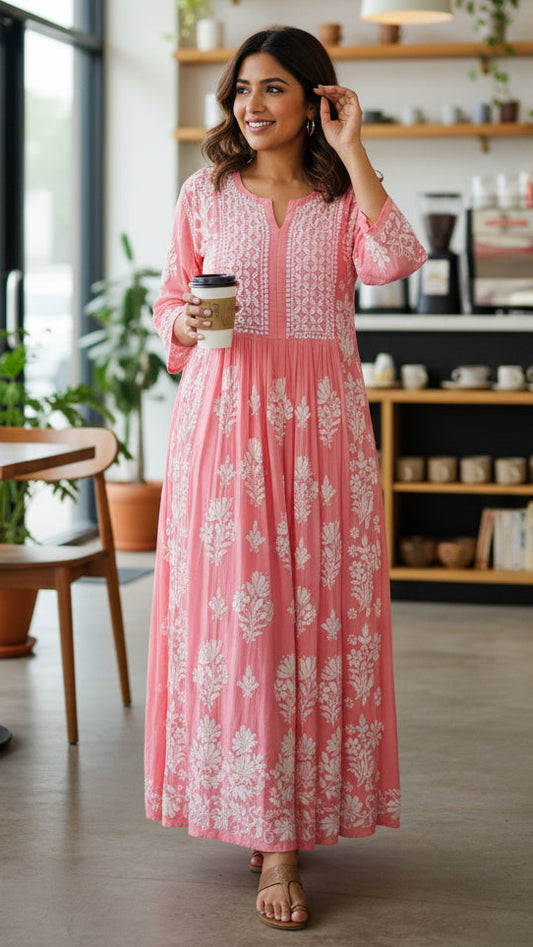 Woman in a pink dress standing in a cafe holding a coffee cup.. Premium cordset in neutral tones—elegant and versatile for Australia.  
