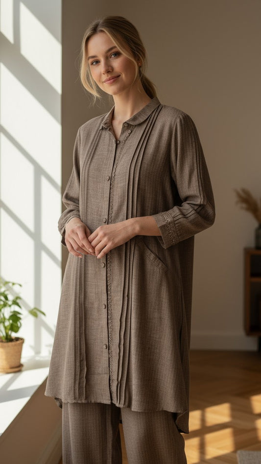 Woman wearing a brown outfit standing in a room with sunlight streaming in.. Discover the world’s first best collection of elegant kurtis, beautiful maxi dresses, and premium-quality cordsets—crafted with care and designed to elevate modest fashion across Auckland, New Zealand, and Australia. Whether you're seeking affordable luxury or cheap chic, each piece blends boutique craftsmanship with stunning detail, offering the best in style without compromising on quality. From soft fabrics to graceful silhouett