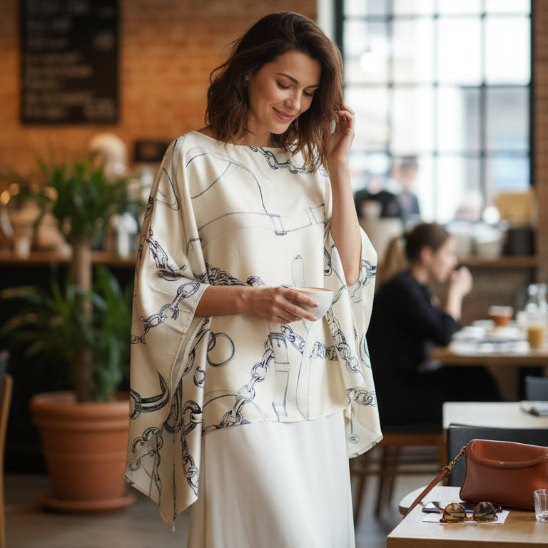 Woman in a stylish outfit standing in a cafe with a brick wall and large window in the background.Elegant cordset with structured silhouette—beautiful and versatile for New Zealand.
