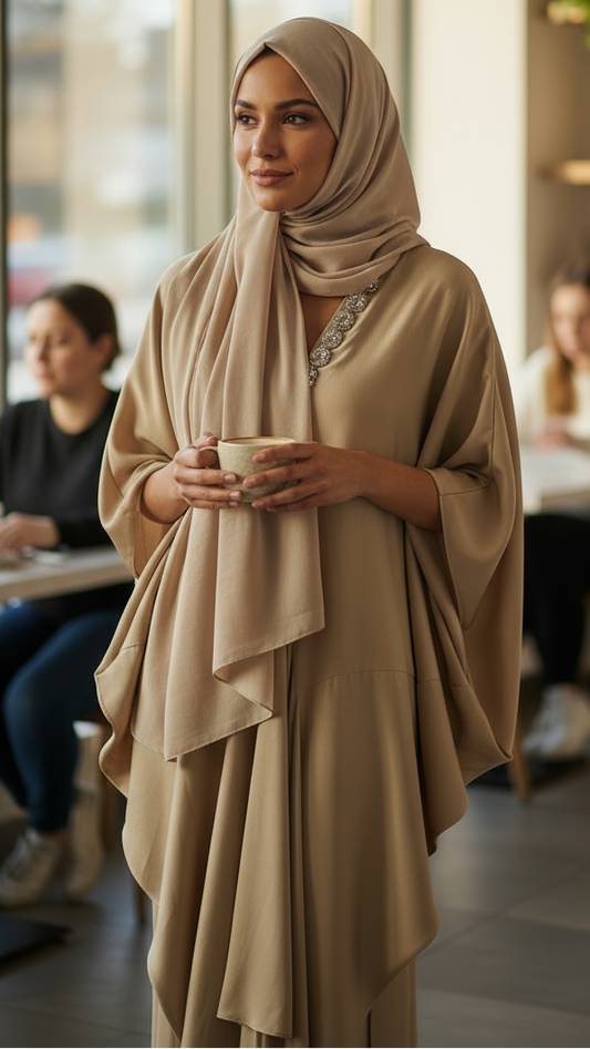 Woman in a beige hijab and outfit holding a cup in a cafe setting. Affordable maxi dress with floral embroidery, ideal for Auckland brunches.