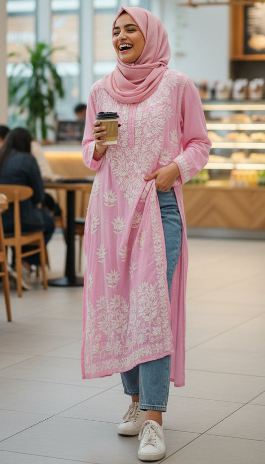 Woman in a pink hijab and long dress holding a coffee cup in a cafe.. Discover the world’s first best collection of elegant kurtis, beautiful maxi dresses, and premium-quality cordsets—crafted with care and designed to elevate modest fashion across Auckland, New Zealand, and Australia. Whether you're seeking affordable luxury or cheap chic, each piece blends boutique craftsmanship with stunning detail, offering the best in style without compromising on quality. From soft fabrics to graceful silhouettes, thi