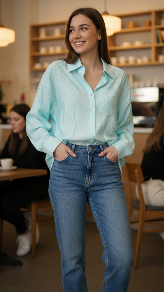 Embellished Long-Sleeve Button-Up Shirt