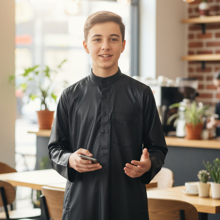 Contemporary jubba thobe for teenagers featuring breathable fabric, minimalist design, and heritage-inspired sleeve accents. Perfect for modest fashion lovers in UAE, Oman, and fashion-forward cities like Auckland and Sydney