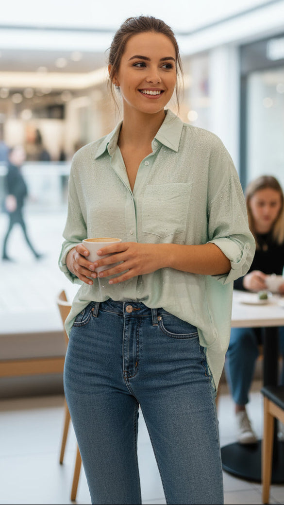 Embellished Long-Sleeve Button-Up Shirt