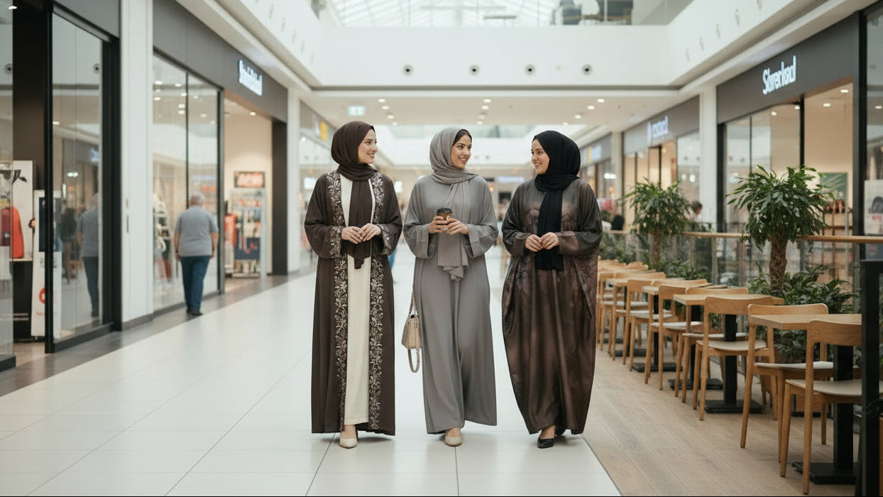 Three women in hijabs walking through a modern shopping mall.