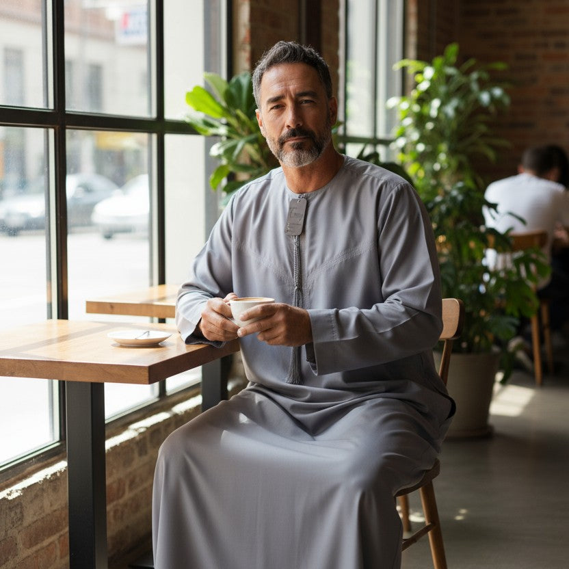 Men’s jubba thobe inspired by UAE and Omani fashion, featuring traditional embroidery and modest design. Perfect Islamic wear for Eid, Ramadan, or mosque visits in Auckland, Sydney, and across Australia and New Zealand